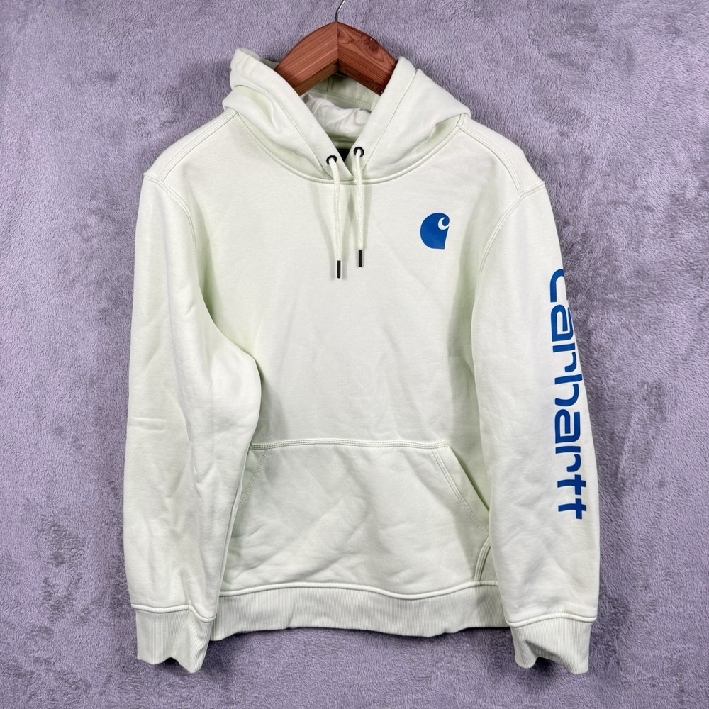 Carhartt Hoodie Sweatshirt Womens 1X Relaxed‎ Fleece Pullover Green w/ Blue Logo